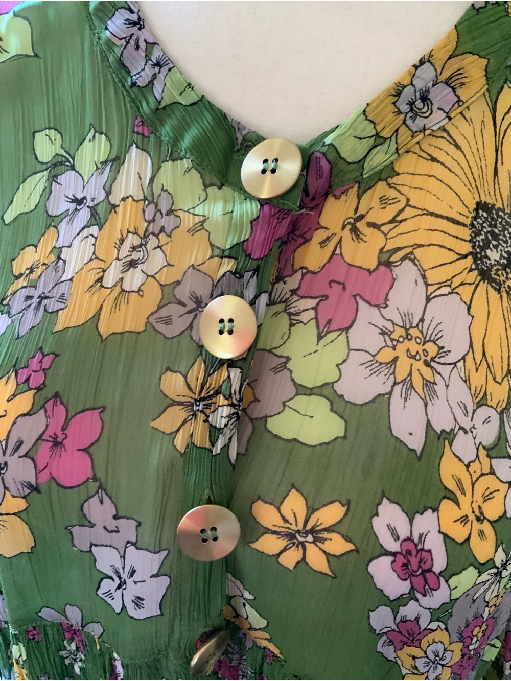 Free People Green Floral Bloom Gold Button-Front Tunic or Mini Dress